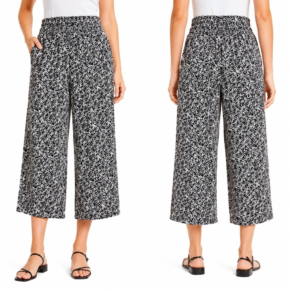 Tahari‎ Pants Womans Large Black White Speckled Wide Leg Cropped High Waist